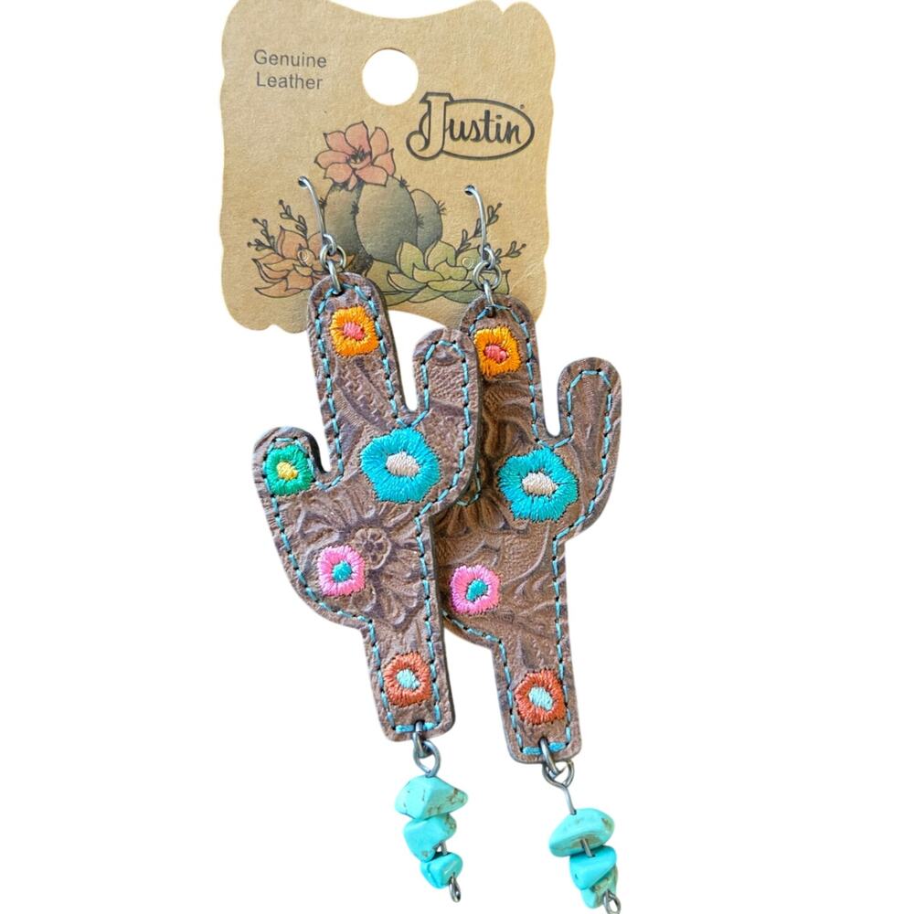NWT JUSTIN leather Saguaro shape turquoise earrings embroidery western 4"